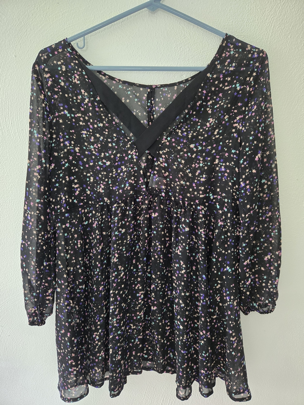 BONGO Black Star Print Sheer Blouse with Pastel Stars